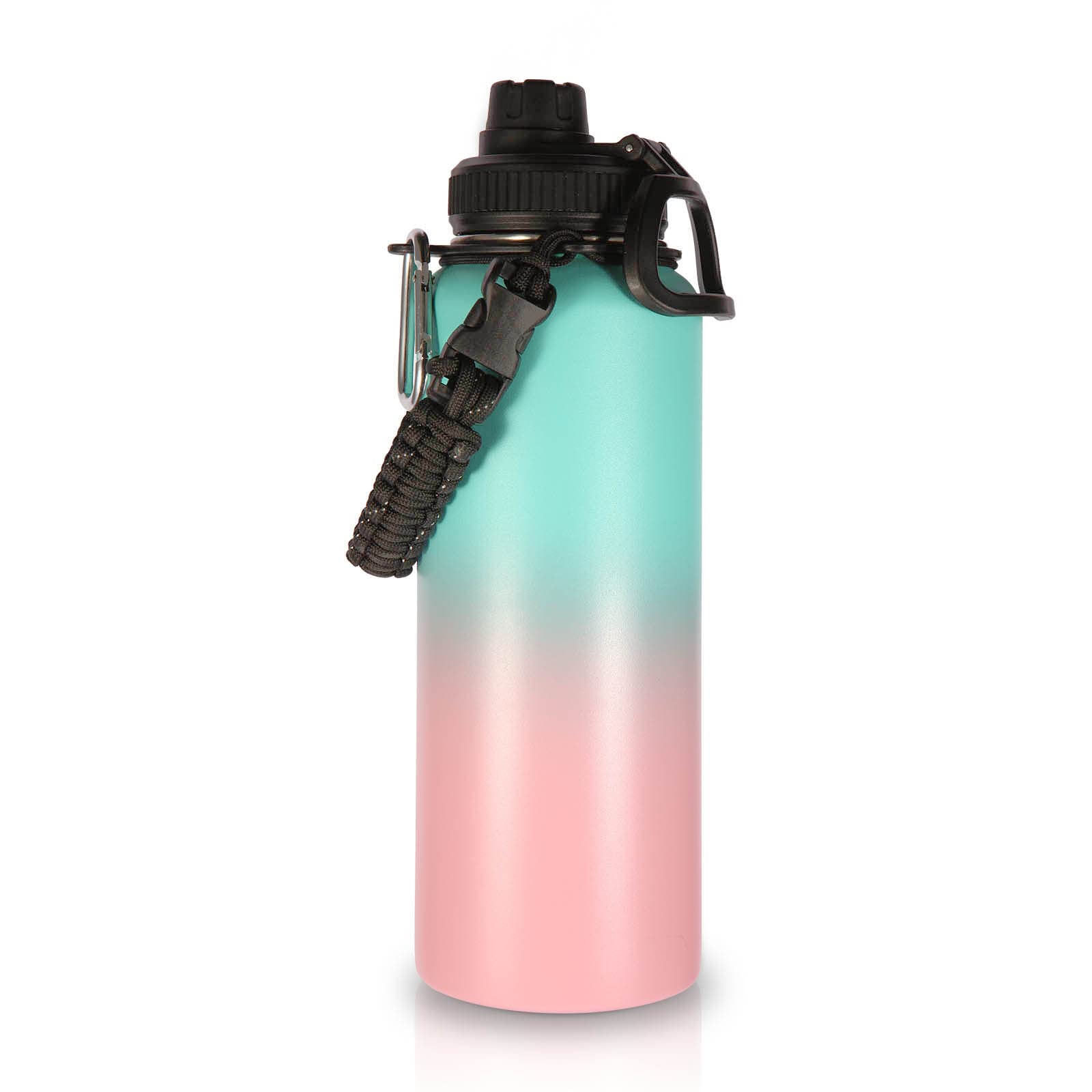 Volhoply 1200ml Insulated Water Bottles Paracord Handle, Stainless Steel Bottle with Spout Lid, Double Walled Travel Water Cups with Wide Mouth, Reusable Water jug for Adults (Green Pink, 1 Set)