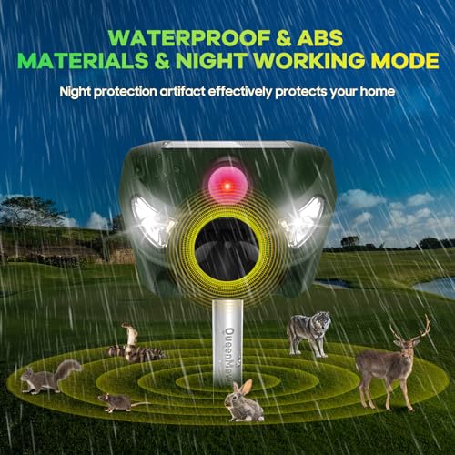 Outdoor Cat Repellent, 5 Modes Ultrasonic Cat Repeller, 26 Feet Solar Outdoor Cat Repellent with Sound Alarm and Flash Lights for Dogs, Deer, Fox, Rabbit, Squirrel, Bird