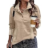 SHEWIN Women's Casual Long Sleeve Stand Neck Sweatshirt Lightweight Button Drawstring Pullover Tops