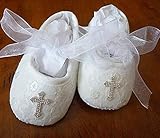 Off White Lace Christening, Baptism Shoes with Small Rhinestone Cross, Soft Crib Wedding Slippers, Cake Smash, 1st Birthday, Easter, Christmas, Photos, Sizes: Newborn-18 mos, USA
