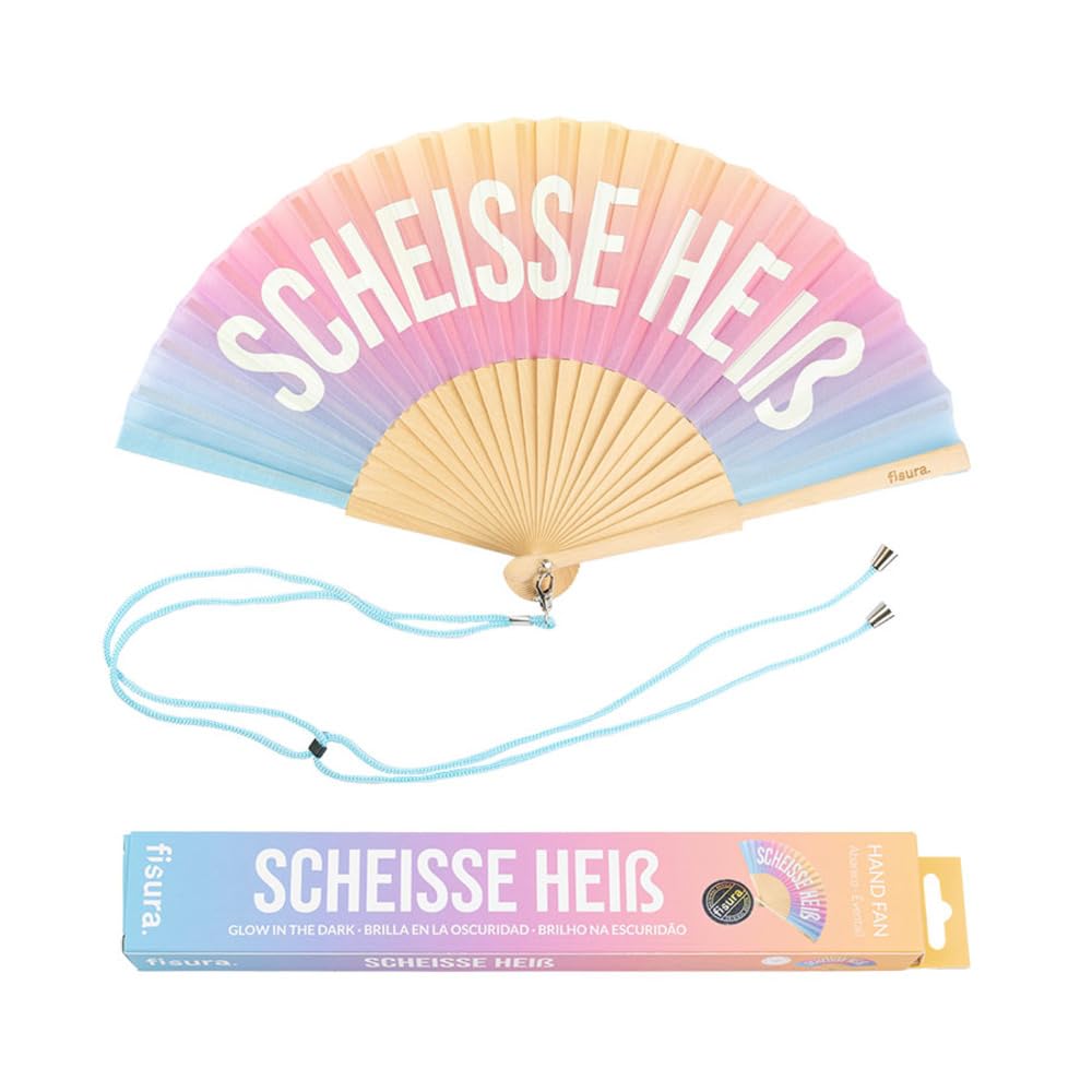 Fisura - Original handheld folding fan with the message in message in Italian and German wooden fan. Original holding Hand Fans. Fan with hanger included (Heir, gradient)