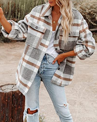Beaully Women's Flannel Plaid Shacket 2025 Fall Outfits Long Sleeve Button Down Shirts Jacket Coats with Side Pockets