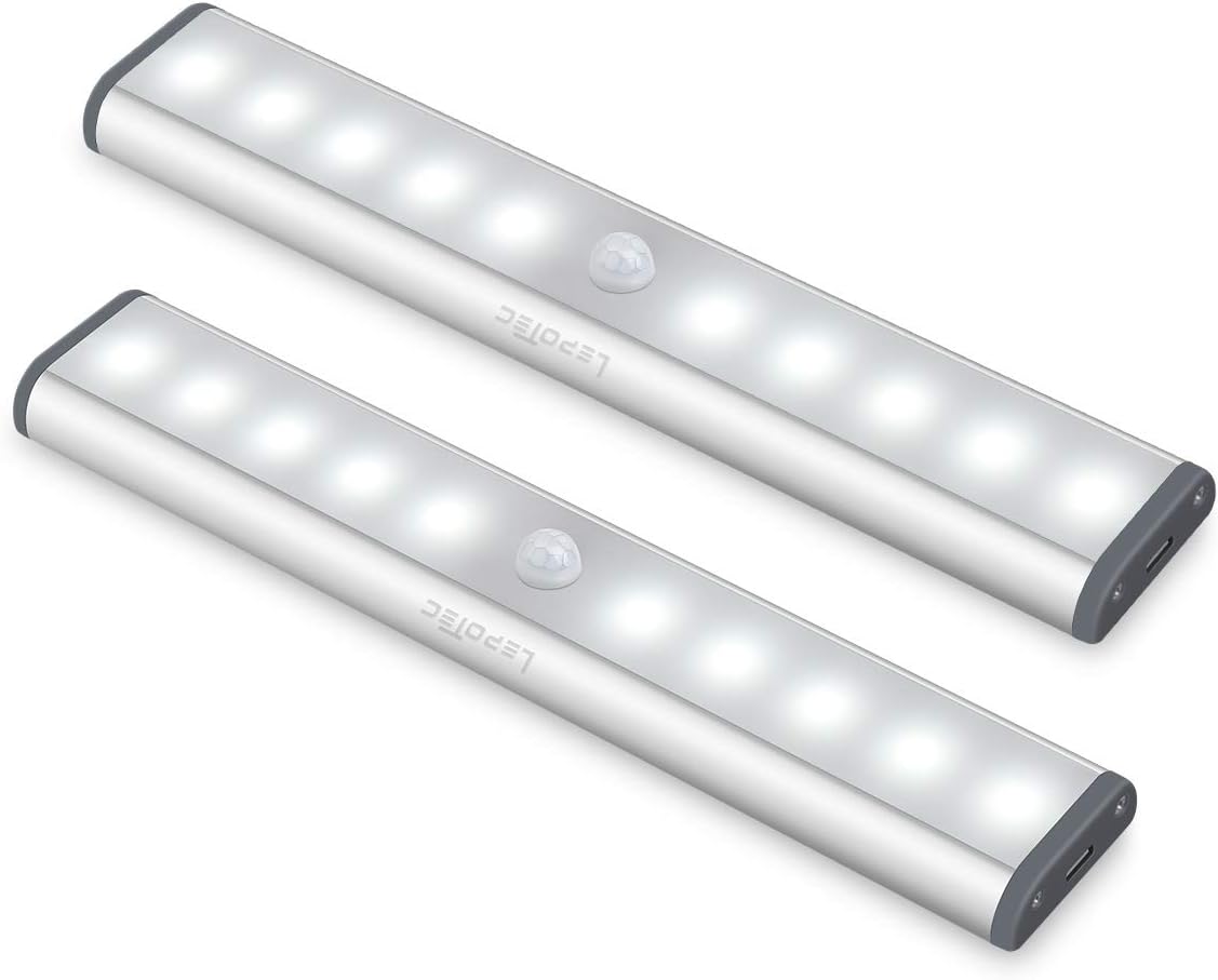 Wireless Motion Sensor Cabinet Lights 10-LED USB Rechargeable Closet Lights LED Under Cabinet Lighting for Wardrobe/Drawer/Stairs/Cupboard/Counter/Pantry/Stairs,Stick On Anywhere,2 Pack,White Light