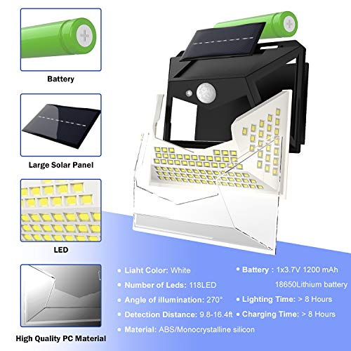 Upgraded Solar Lights Outdoor,118 LED Solar Motion Sensor Security Lights, 3 Lighting Modes 270°Wide Angle Outdoor Wall Lights for Garden Fence Door Yard Garage Pathway(4 Pack)