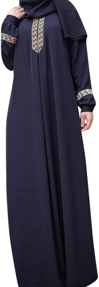 AKwell Womens Plus Size Muslim Kaftan Abaya Round Neck Print Maxi Dress