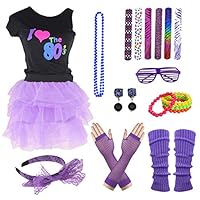 10 Pieces 80s Party Girl Tutu Skirt Costume Accessories Set (10-12, Purple)