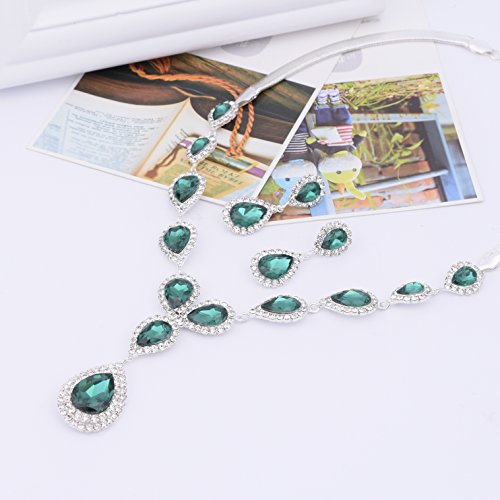 Paxuan Womens Silver Plated Teardrop Green Crystal Wedding Bridal Jewelry Set Teardrop Pendant Necklace Drop Dangle Earrings Set