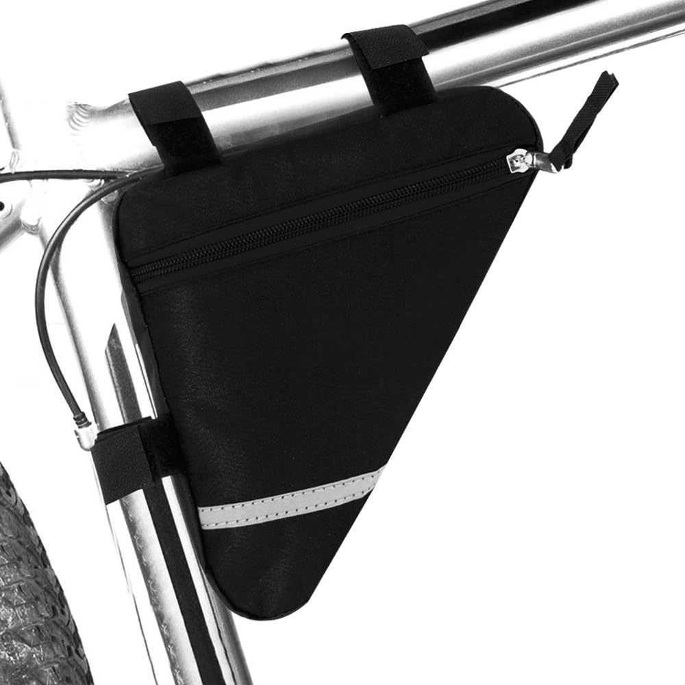 QitinDasen Bike Triangle Bag, Waterproof Bicycle Front Tube Frame Triangle Bag with Double-Sided Reflective Decoration (Black)