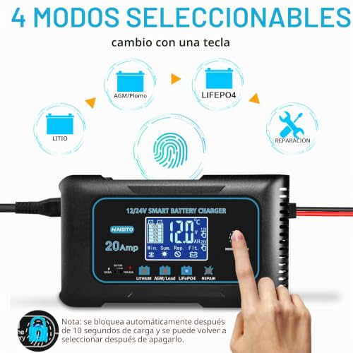 Haisito Car Battery Charger 12V/24V 20A, Intelligent Fast Battery Charger Car and Motorcycle, Desulfator and Maintainer for LiFePO4 Lithium Lead Acid Batteries (AGM, GEL, EFB, SLA, VRLA)