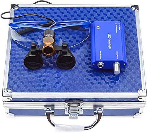 BoNew 3.5X Surgical Binocular Loupes Optical Glass+5W LED Headlight Powerfullight with Filter Clip-on Type + Aluminum Box (Blue)