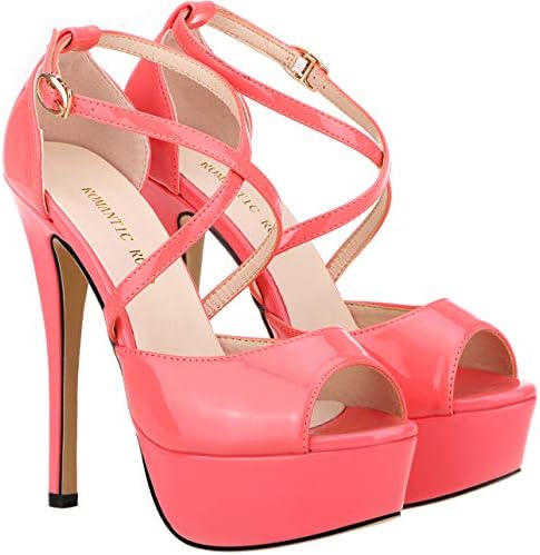 ROMANTIC ROAD Heels for Women,5.5IN High Heels for Women Stiletto Sandals Crisscross Strappy Peep Toe Platform Party Pumps
