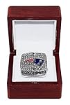 NEW ENGLAND PATRIOTS (Tom Brady) 2001 SUPER BOWL XXXVI WORLD CHAMPIONS (Team USA) Rare & Collectible High-Quality Replica NFL Football Silver Championship Ring with Cherrywood Display Box