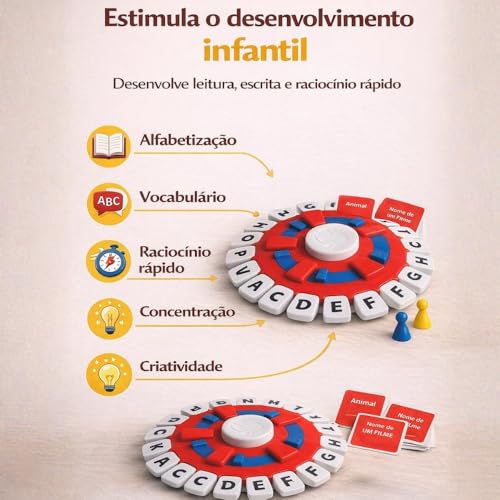 Jogo de Letras Educativo Stop, Brinquedo Pedagógico de Tabuleiro com Alfabeto para Aprendizagem Infantil e Formação de Palavras