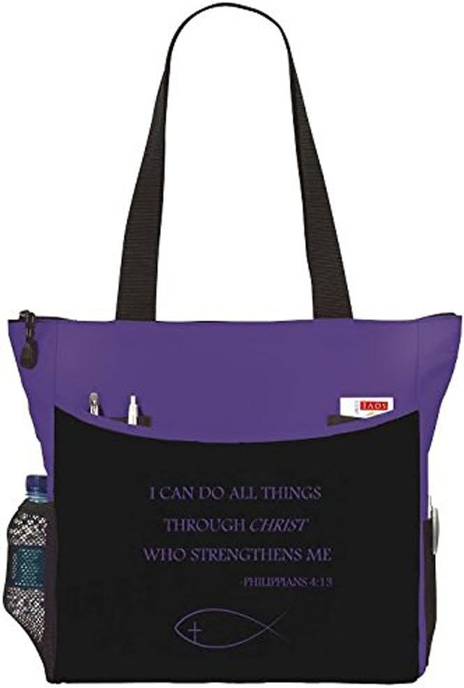 Philippians 4:13 I Can Do All Things Through Christ Tote Bag Christian Fish Bible Cover Verse Church Office School Travel Gym Book Organizer - Black Purple