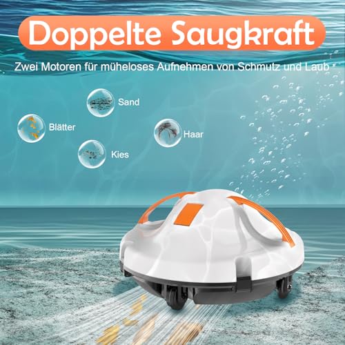 GAMPLAE Pool Robot, Wireless Pool Vacuum Cleaner Battery with 130 Minutes Running Time, Dual Motors Pool Cleaner, Self-Parking Function, Portable Pool Robot Battery for Flat Floors Pools up to 102 m²