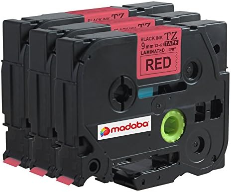 Madabcom 3 Pack compatible for Brother P-Touch TZ421 TZE421 TZ 421 TZE 421 Laminated Label Makers &amp; Printers Tape 9mm Black on Red , 3/8 Inch x 26.2 Feet