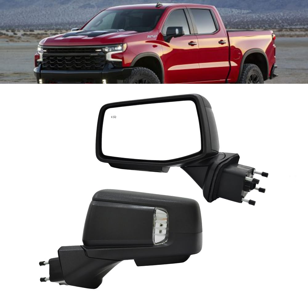 Photo 1 of For Chevrolet Silverado 2019-2024 Door Mirror with Textured Black Cover Power Heated Manual Folding with Turn Signal Light Puddle Light Blind Spot Glass 8 Pins Left Driver Side