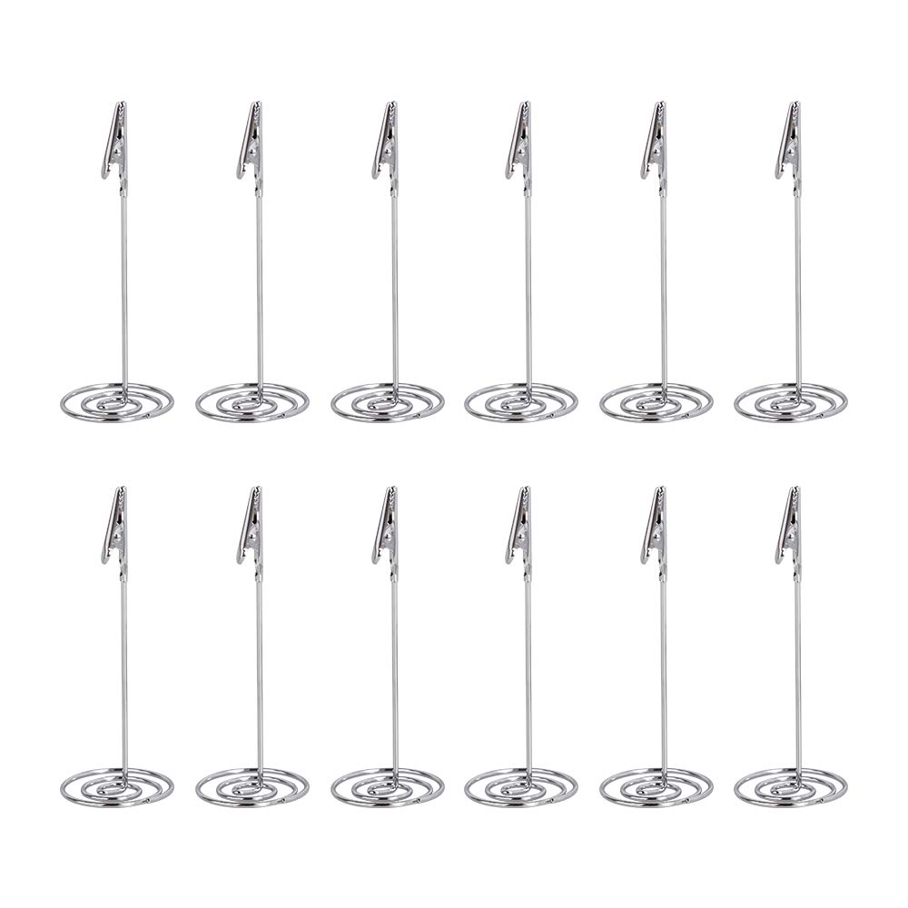 Place Card Table Number Holders - Small Metal Stands with Clips - Ideal for Memos, Food Labels, Weddings, Birthday Parties and Receptions - Silver (12-Pack)