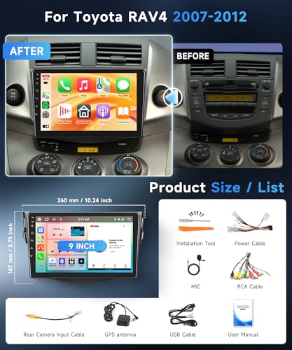 6G+128G 8 Core Rimoody Android Car Radio for Toyota RAV4 2007-2012 9 Inch Car Stereo RAV4 with Carplay Android Car Wireless Mirror Link Bluetooth FM/RDS/EQ/DSP WiFi GPS SWC Rear Camera