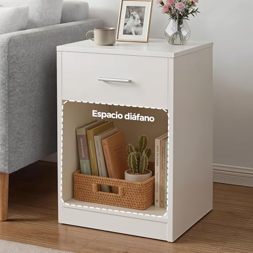 OSLIFE Juego de Buros para Recamara Minimalista,Par de Modernos Mesa de Noche Blanco,Mesa con Cajones,Side Table Pequeño,Estantería Abierta,Armarios Esquineros y Armarios de Almacenamiento(2 Pieza)