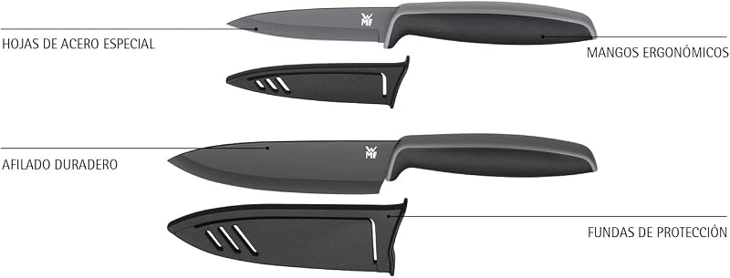 Wmf touch conjunto de 2 facas com capa protetora cor preto, faca de cozinha 24 cm e faca multiuso 20,5 cm