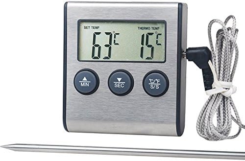 Large LCD Digital Cooking Food Meat Thermometer for Smoker Oven Kitchen BBQ Grill Thermometer Clock Timer with Stainless Steel Temperature