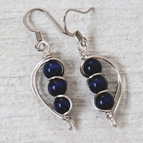 Dark Blue Wire Wrapped 3 Bead Dangle Earrings - Casual Wear Handmade Navy Jewelry