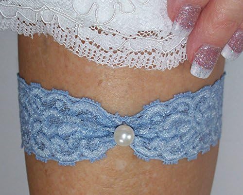 Wedding Toss Garter, Dusty Blue Stretch Lace with Pearl Center