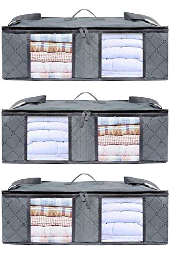 Extra Large Clothes Storage Bags, Space Saver Clothing Organizers for Bedroom, Closet & Underbed, Large Clear Window & Carry Handles, Great for Blanket, Comforters, Linen, and More (3-Pack, Gray) - Thumbnail 6