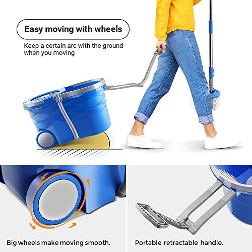 Masthome Mop and Bucket with Wringer Set, Spin Mop and Bucket On Wheels with 5 Microfiber Mop Heads and 1 Floor Brush Head, Self Wringing Mop for Floor Cleaning, 12L