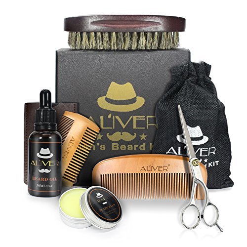 Beard Kit for Men Care Beard Grooming & Trimming Kit for Men Gift, Beard Oil, Beard Balm Butter & Mustache Wax, Wooden Beard Comb, 100% Boar Bristle Beard Brush, Mustache Scissor for Styling Growth