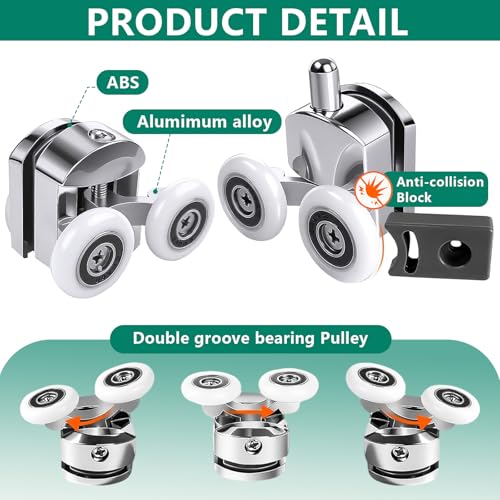 TTYSHIP 8 x Sliding Shower Door Rollers, Double Wheels for Shower Doors, 23 mm for 4-6 mm Thick Glass (4 Upper + 4 Bottom)