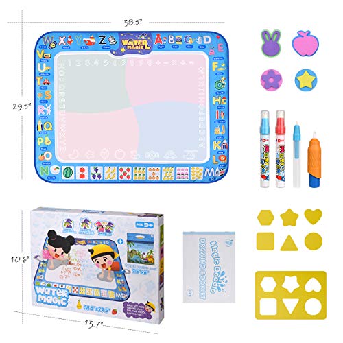 Water Doodle Mat,Extra Large Kid Magic Aqua Drawing Pad,Painting Board with 3 Pens,1 Magic Brush Accessories,Educational Toys Gifts for Boys Girls Toddlers 2 3 4 5 6 7 + Year Old Size 38.5"X 29.5"