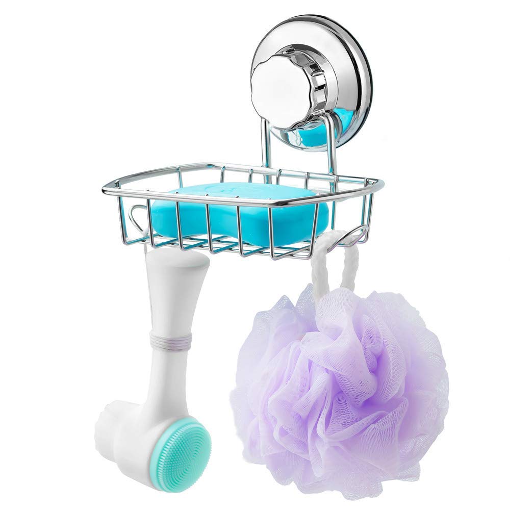 SANNO Suction Soap Dish Holder with Hook, Soap Saver Soap Holder Soap Tray Bar Soap Sponge Holder for Shower, Bathroom, Tub and Kitchen Sink