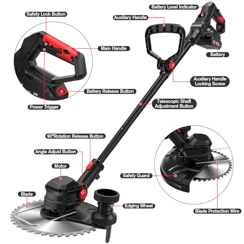 SMILOVII 21V Cordless Weed Wacker Lawn Edger, 4.6lbs Lightweight Battery Powered String Trimmer, 4-in-1 Brush Cutter with Metal Blades, Wire Brush & Guide Wheel for Garden Edging (2 Batteries, 2.0Ah)