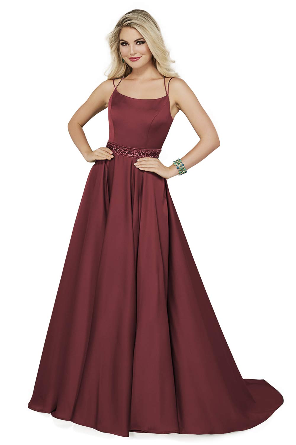 Lover Kiss Long Beaded Prom Dresses with Pockets Satin Formal Evening