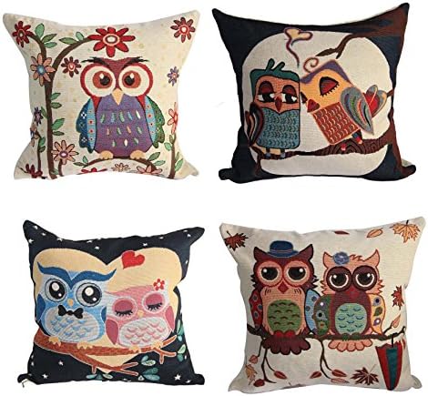 4 Pack Sofa Throw Pillow Covers, 18 x 18 Inch Vintage Cute Owl Throw Pillow Case Cushion Cover Case Home Wedding Party Decor