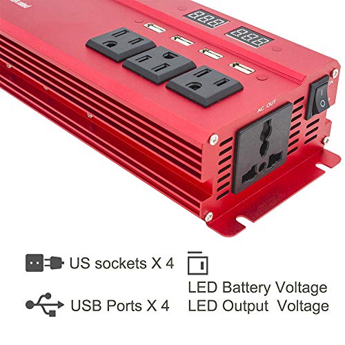 Cantonape 1000W/2000W(Surge) Car Power Inverter DC 12V to 110V AC with 4 Outlets, 4 USB Ports and Input/Output LED Display
