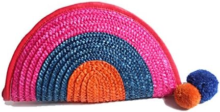 Colorful Rainbow Medium Straw Zip Clutch Woven Purse For Women Beach Party Bag
