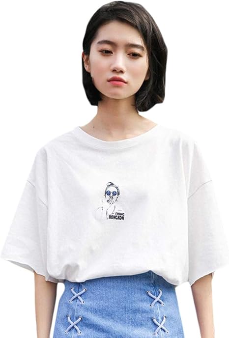 Amazon Beibang バイバン Tシャツ レディース 半袖 ロゴ ティーシャツ ゆったり 夏服 トップス クルーネック コットン Tシャツ オシャレ Free白 Tシャツ カットソー 通販