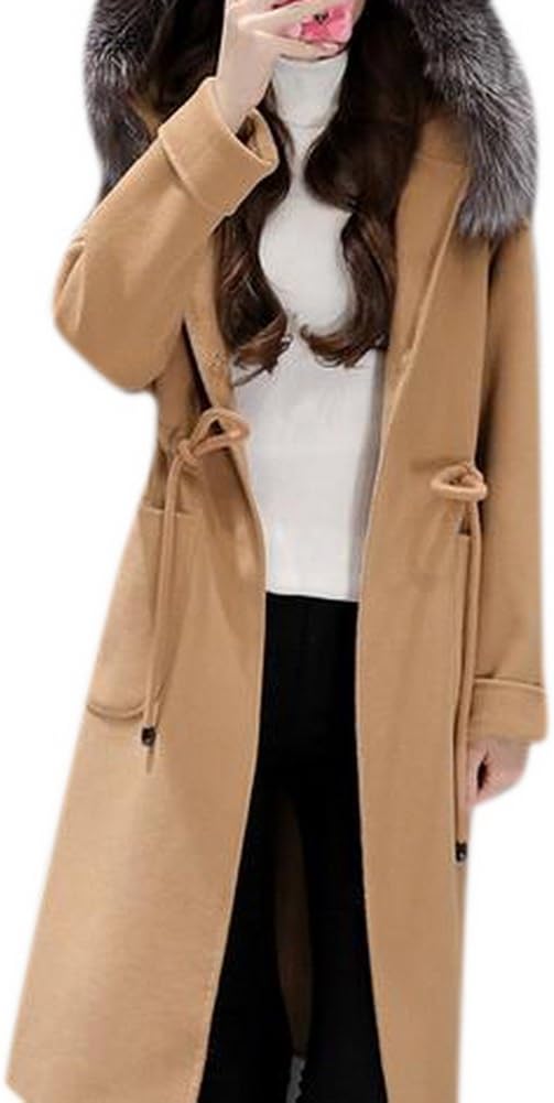 Allbebe Women's New Winter Fashion Hooded Faux Fur Slim Mid Length Woolen Coat