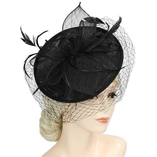 Acecharming Fascinators for Women, Feather Sinamay Fascinators with Headbands Tea Party Pillbox Hat Flower Derby Hats（Black-10） - Thumbnail 5