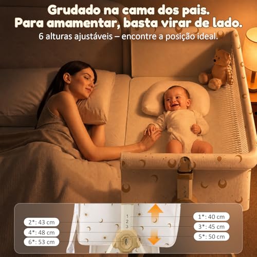 OLANENEM 6 em 1 Berço Portátil, Moises para bebe com Fraldário e Mosquiteiro, Acoplado à Cama com Suporte Triangular de Aço Carbono, 6 Alturas e Inclinação Antirrefluxo 5°(Bege)