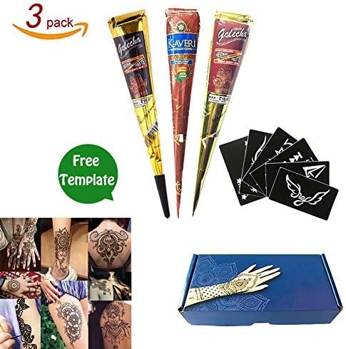 India Henna Tattoo Kit Temporary Tattoo Paste Cones Body Art Painting Drawing With 6 Pcs Free Henna Stencil Set Brown Red Color(3Pcs)