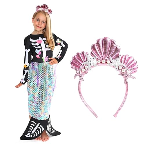 Girls Skeleton Mermaid Halloween Costume - Small - Black Skeleton Dress with Mermaid Tail Skirt and Pink Shell Headband - Kids Halloween Trick or Treat Fancy Dress Costume