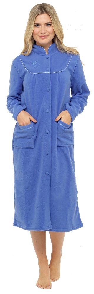 Ladies Warm Fleece Long Sleeve Button & Pockets Front Soft Dressing Gown Jacket (14-16, Dark Blue)