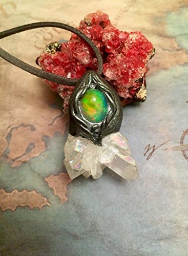 Trascendance. Opal Necklace. Angel Aura Quartz Cluster Pendant. Raw Opal jewelry. Raw Crystals ans Stones Jewelry. Aura Quartz Jewelry