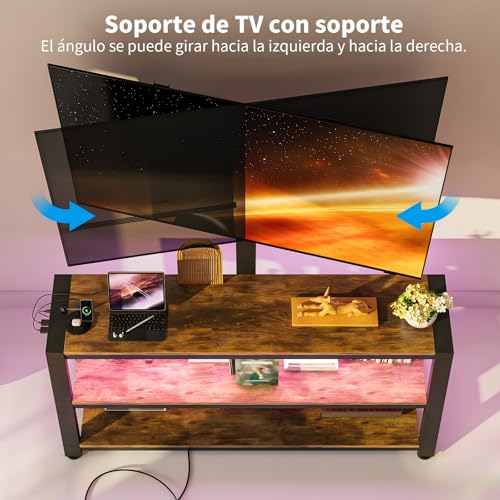 Simple Wisdom Mueble para TV,Mueble TV con Soporte Giratorio,Mesa para TVs con Toma Corriente y Luz LED,para Televisor 32 a 65 Pulgadas,Muebles de TVs Abierto de 3 Niveles(Retro)