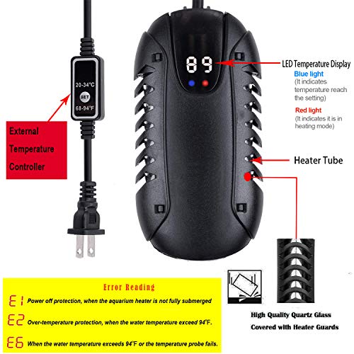 Smart Submersible Aquarium Heater, 200W Mini Fish Tank Heaters with Digital LED Temperature Display& Suction Cup -External Safety Temperature Regulator for 10-50 Gallon Fish/Turtle Tank
