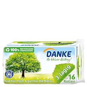 DANKE Toilettenpapier, sanftes Klopapier 3 lagig aus 100% Recycling Papier, 1 x Vorratspack mit 16 Rollen